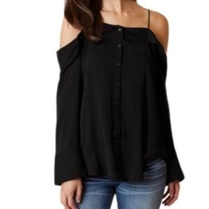 Free People Top Walk This Way Black Cold Shoulder Button Down Blouse Size Small